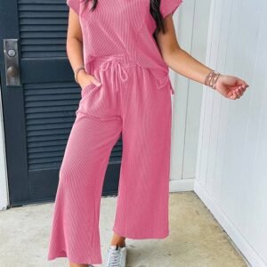 Bright Pink Solid Corded Knit Short Sleeve T Shirt And Wide Leg Pants Set