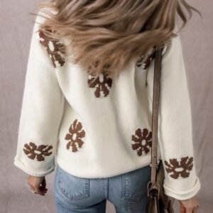 White Colorblock Floral Pattern Round Neck Sweater