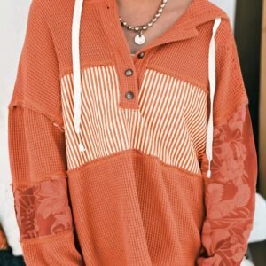 Cinnamon Waffle Printed Patchwork Drawstring Hooded Long Sleeve Top