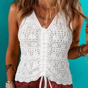 Beige Trendy Hollowed Knit V Neck Drawstring Sweater Vest