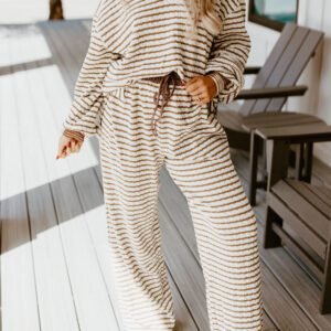 Khaki Stripe Collared Pullover Top And Drawstring Pant Set
