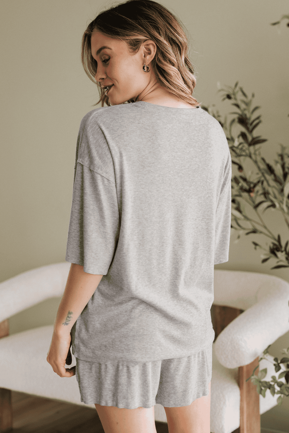 Gray Western Cow Head Bow Print Loose Fit Two Piece Shorts Set