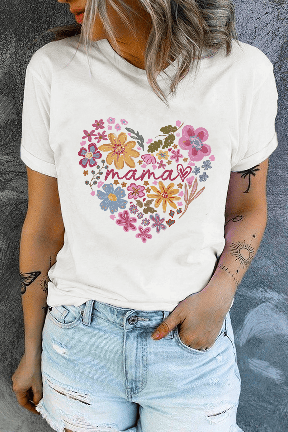 White Mama Flower Heart Cotton Blend Graphic Tee