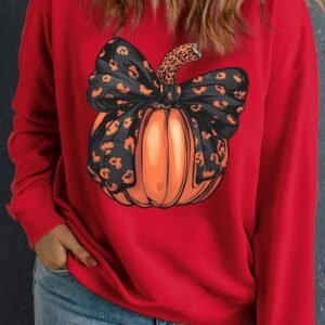 Racing Red Halloween Bow Knot Pumpkin Print Drop Shoulder Plus Sweatshirt