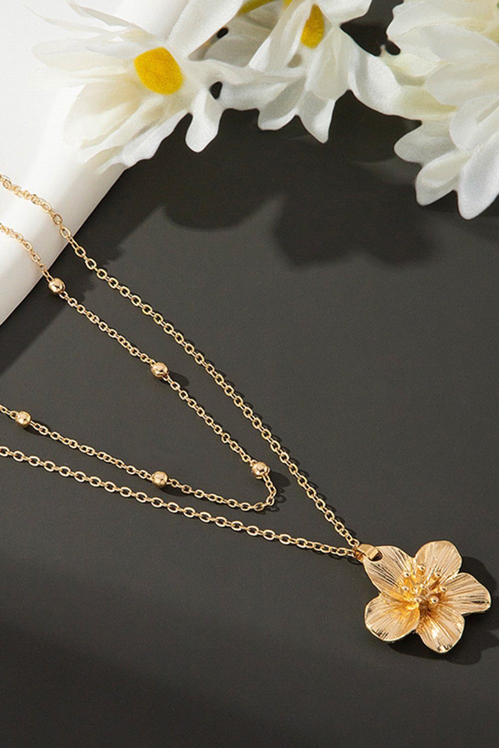 Gold Flower Pendant Beaded Double Chain Plated Necklace