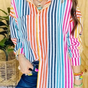 Orange Stripe Multicolor Drop Shoulder Loose Shirt