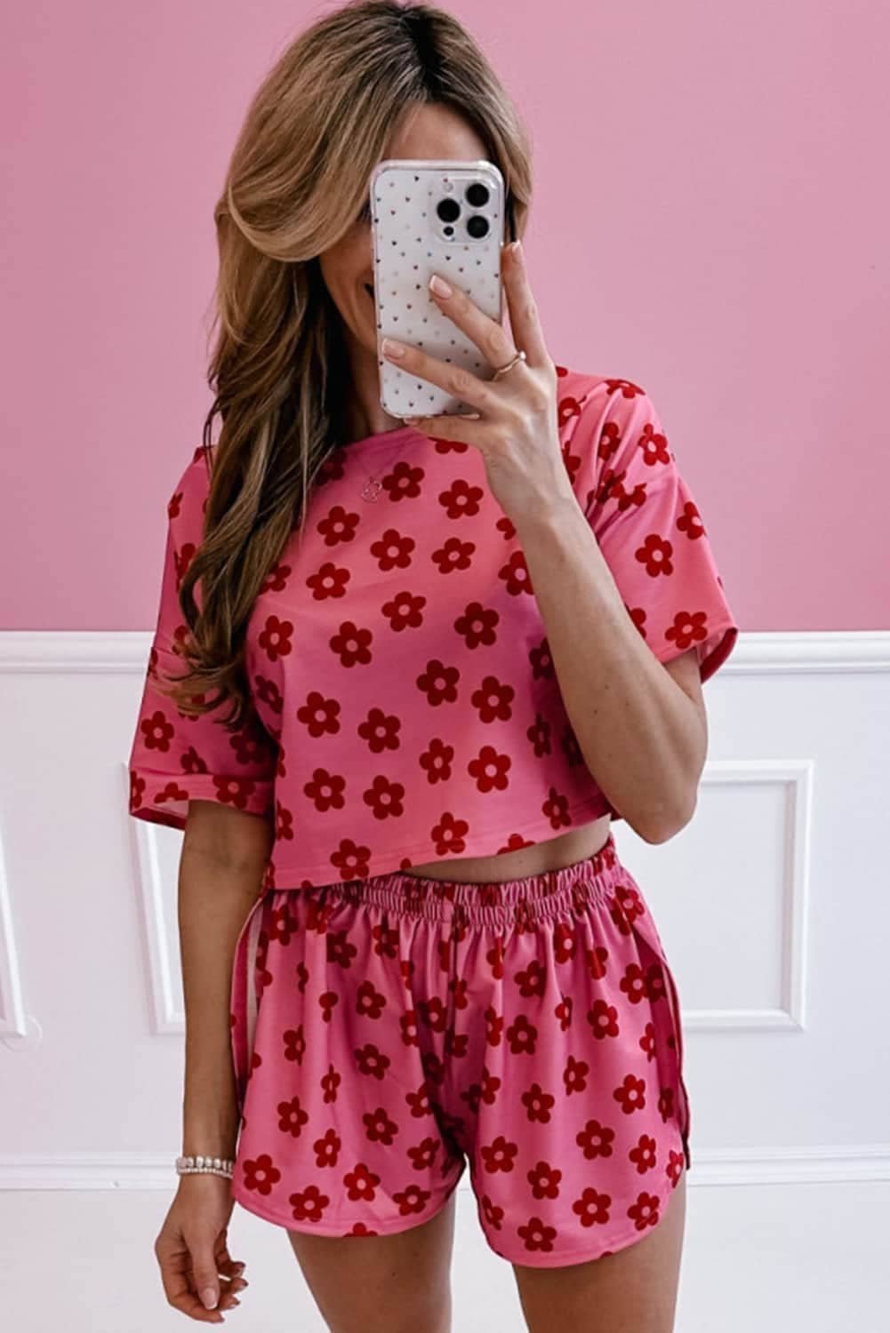 Rose Floral Print Crop Tee And Shorts Lounge Set