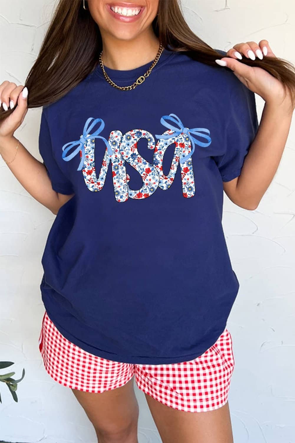 Blue Bow Floral Usa Letter Print Independence Day T Shirt