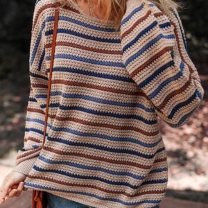 Multicolour Striped Knitted Drop Shoulder Round Neck Sweater