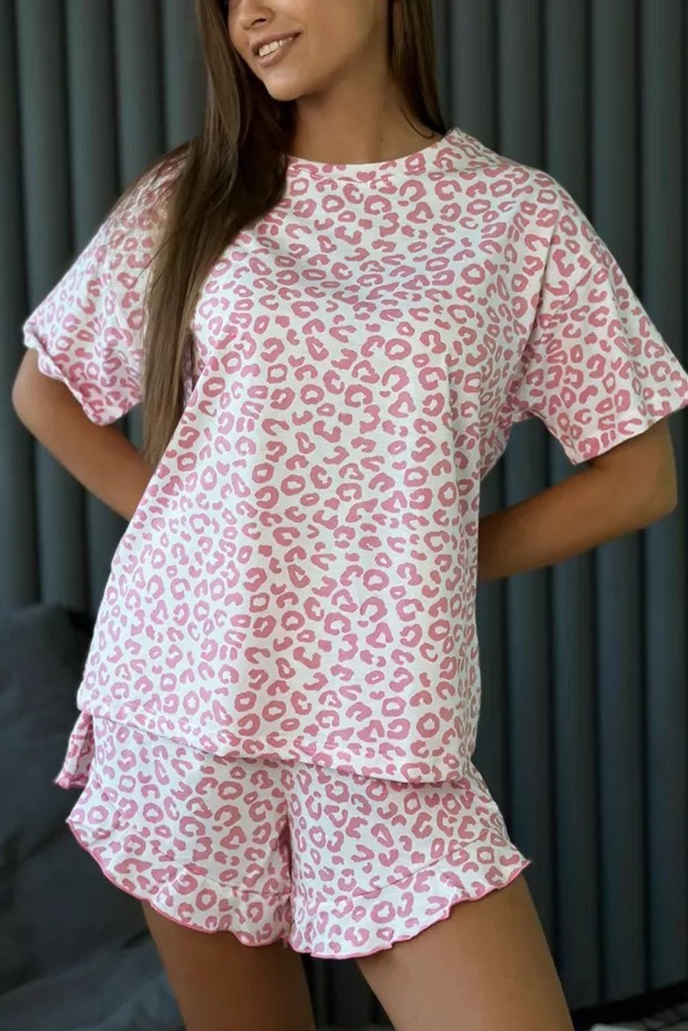 Pink Leopard Print Crew Neck Tee And Ruffled Shorts 2 Lounge Set