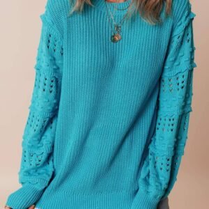 Turquoise Ruffled Eyelet Bubble Sleeve Sweater