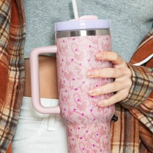 Apricot Pink Valentine Heart Shaped Print Stainless Steel Vacuum Cup