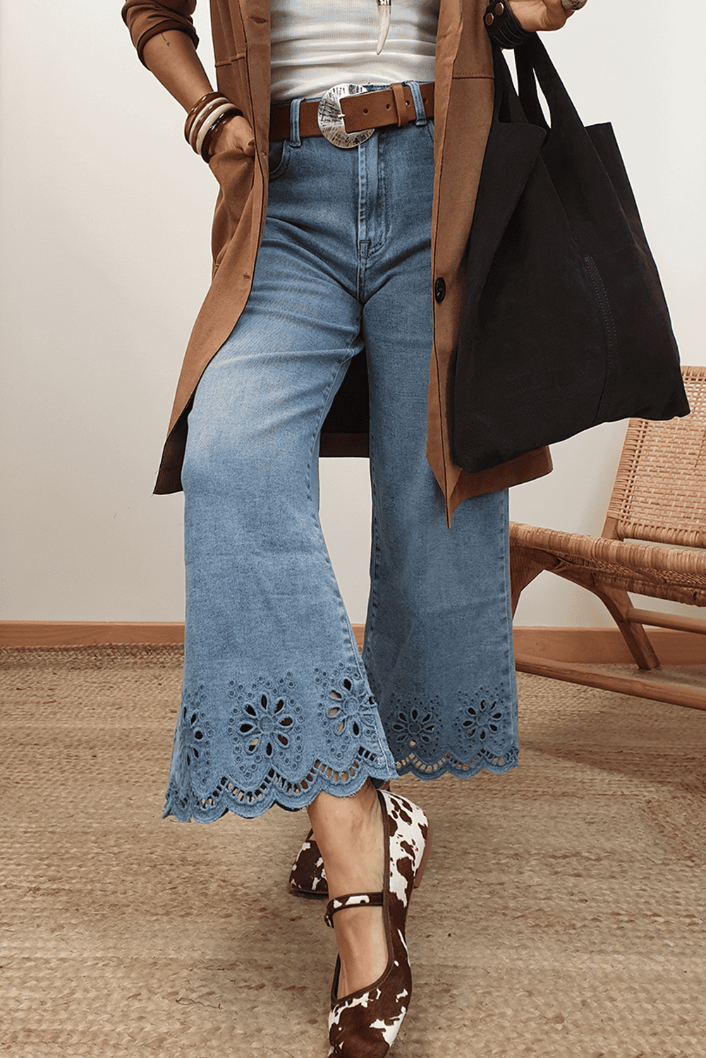 Dusk Blue Embroidered Cropped Wide Leg High Waist Jeans