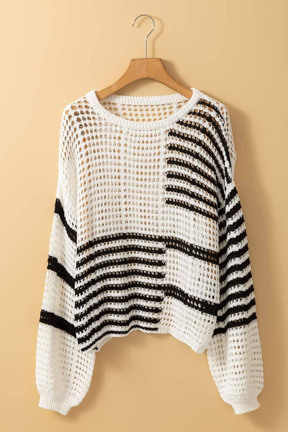 White Stripe Hollow-Out Openwork Knit Puff Sleeve Sweater