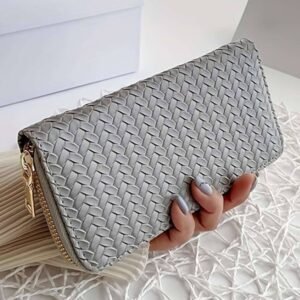 Medium Grey Woven Textured Zip Around Long Wallet