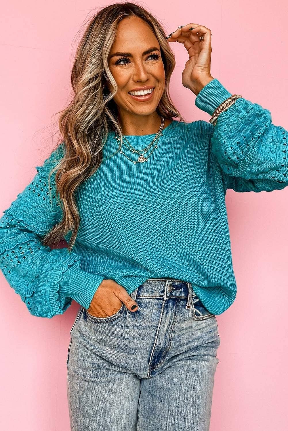 Turquoise Ruffled Eyelet Bubble Sleeve Sweater