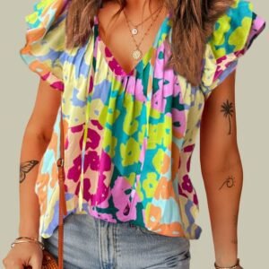 Multicolour Leopard Flutter Sleeve V Neck Crinkled Blouse