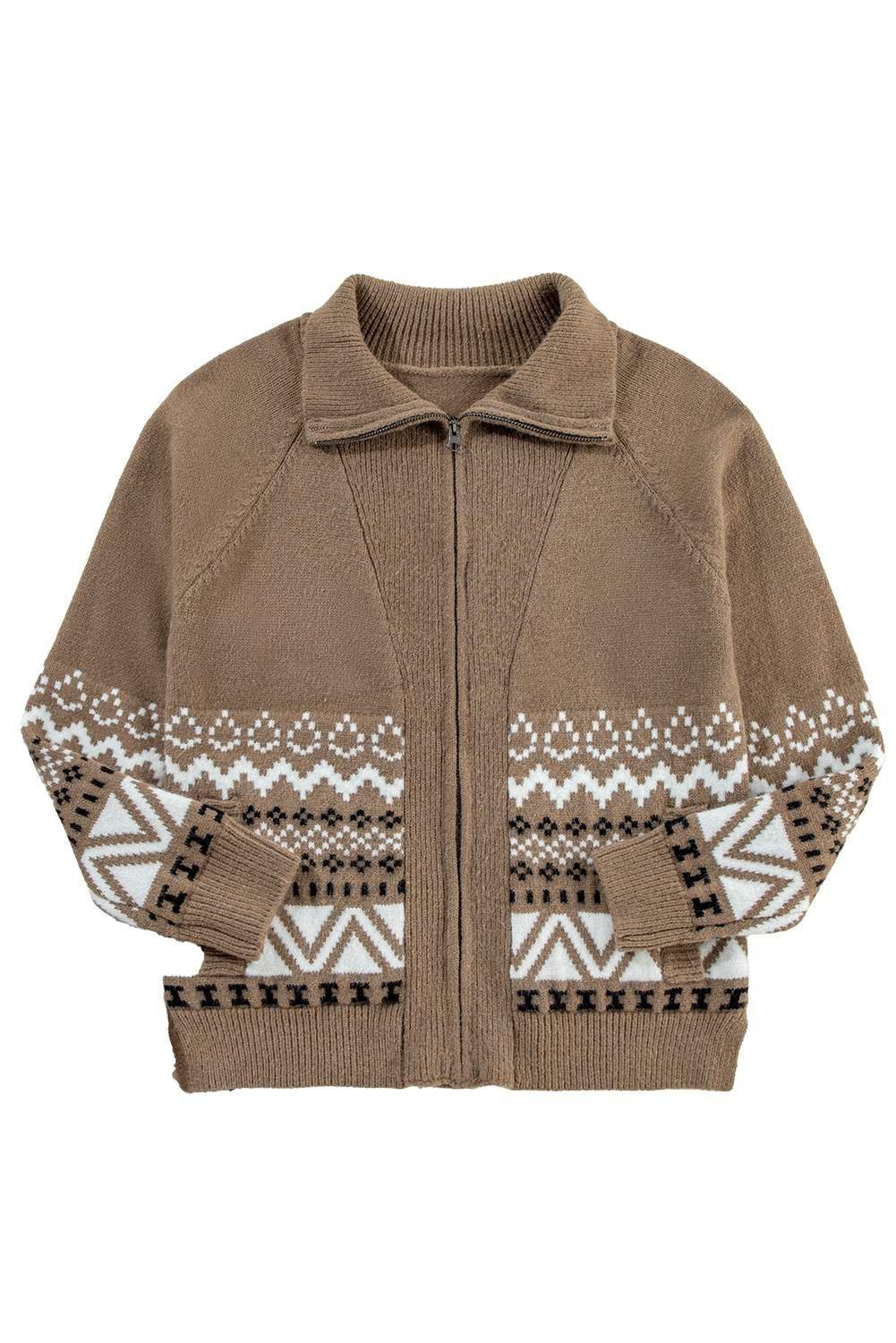 Brown Western Printed Ribbed Trim Collared Zip Up Cardigan