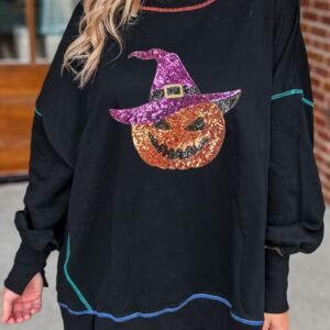 Black Glittering Pumpkin Wizard Graphic Exposed Seam Side Split Halloween Sweatshirt