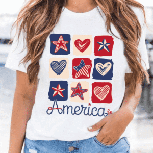 White American Heart Star Checkered Graphic Tee