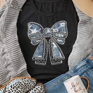 Black Rhinestone Bowknot Graphic Crewneck T Shirt