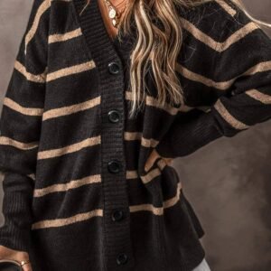 Black Stripe Buttoned V Neck Drop Shoulder Loose Cardigan