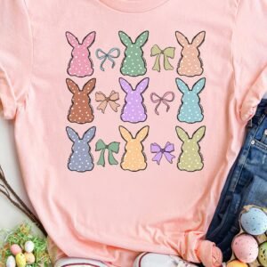 Pink Dotty Bunny Bow Printed Easter Day Fashion T Shirt