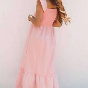 Pink V Neck Flutter Sleeve Smocked Bodice High Waist Ruffle Maxi Dress