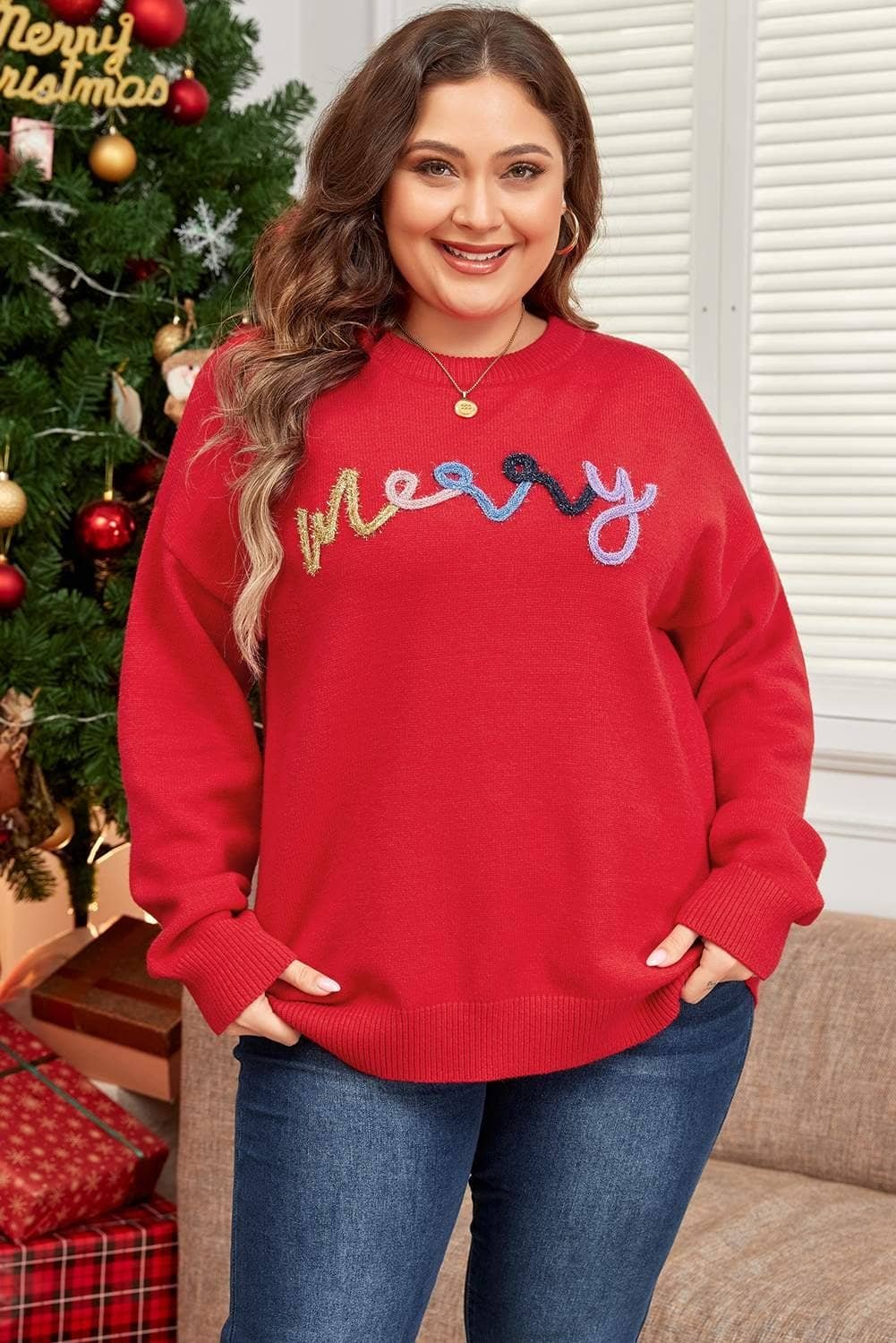 Fiery Red Tinsel Merry Pattern Drop Shoulder Plus Size Sweater