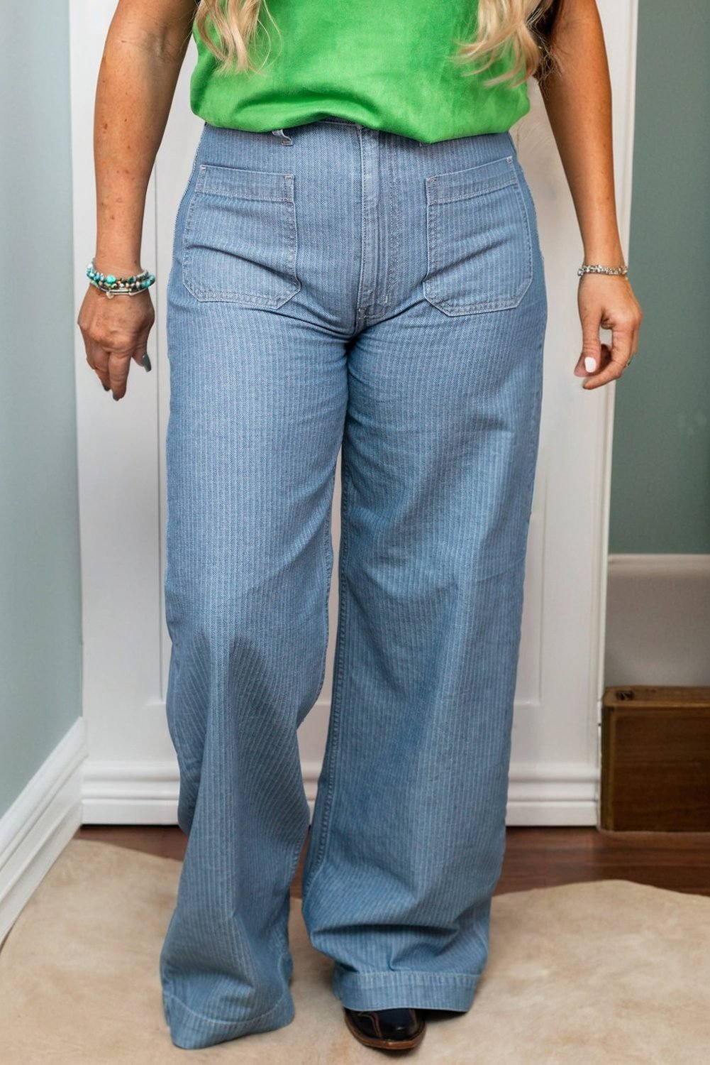 Dusk Blue Patched Pocket Textured Wide Leg Plus Size Jeans