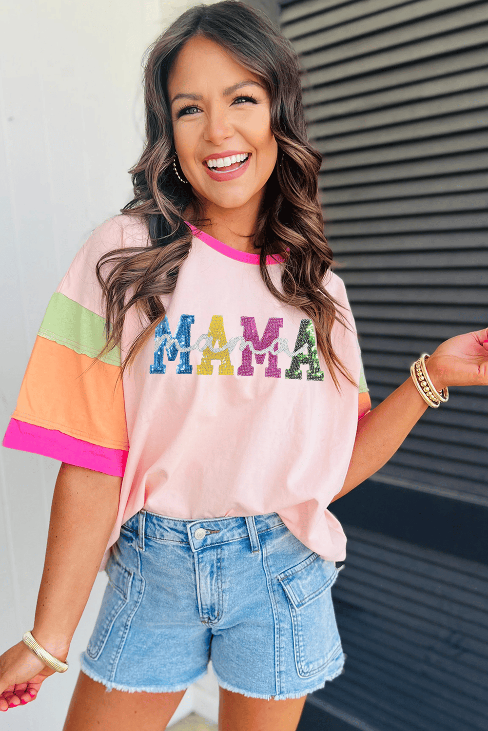 Pink Sequin Mama Letter Graphic Color Block Patchwork Sleeve Tee