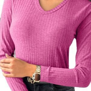Strawberry Pink Ribbed Knit V Neck Long Sleeve Slim Fit Top