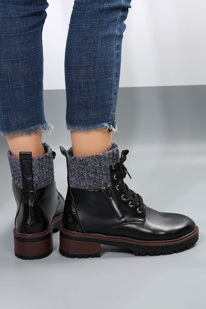Black Knitted Patched Lace-Up Heeled Ankle Boots