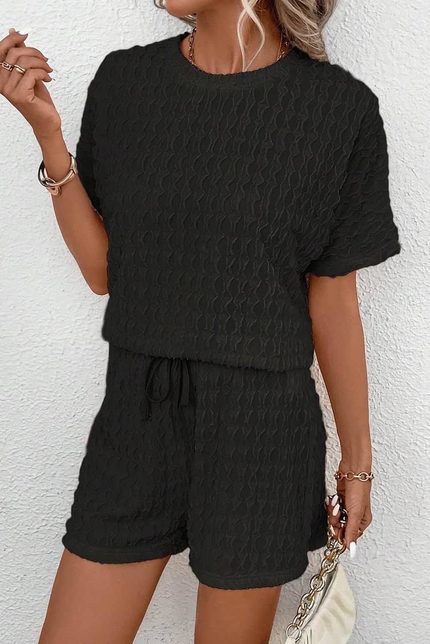 Black Frill Textured Short Sleeve Top And Drawstring Shorts Set