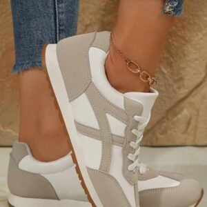 Oatmeal Color Block Lace-Up Pu Leather Sneakers