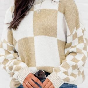 Flaxen Checkered Print Drop Shoulder Sweater