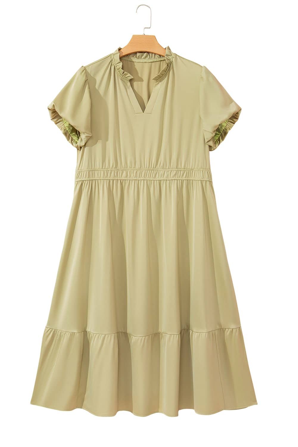 Laurel Green Notched V Neck Puff Sleeve Tiered Plus Size Maxi Dress