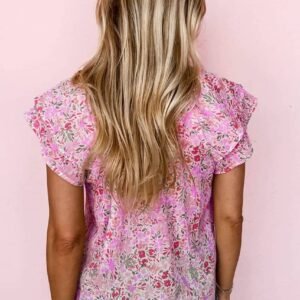 Pink Floral Mandarin Collar Top