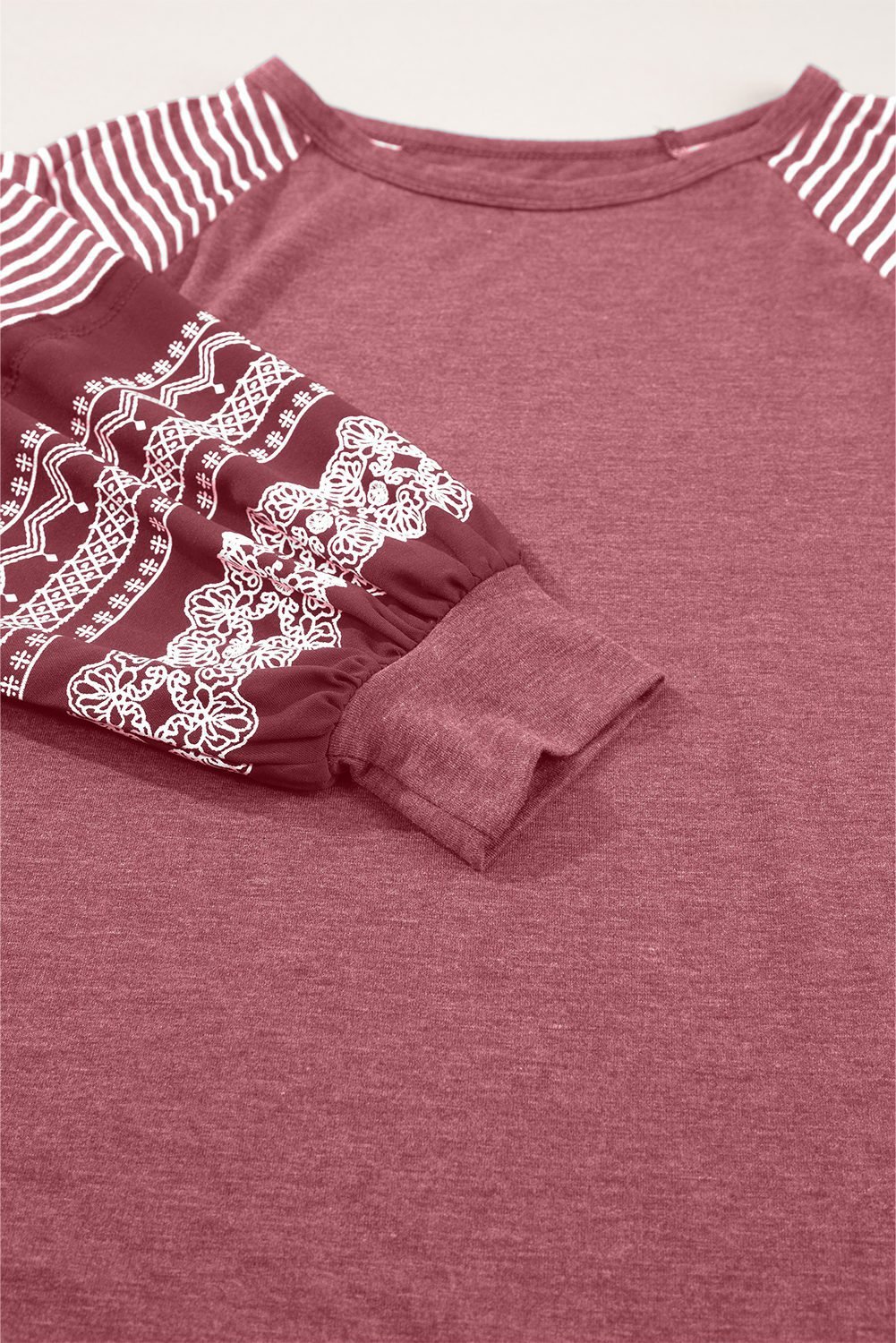 Mineral Red Contrast Print Striped Raglan Long Sleeve Loose Top