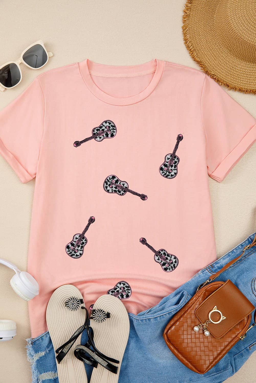 Pink Leopard Guitar Sequin Patch Crew Neck Tee
