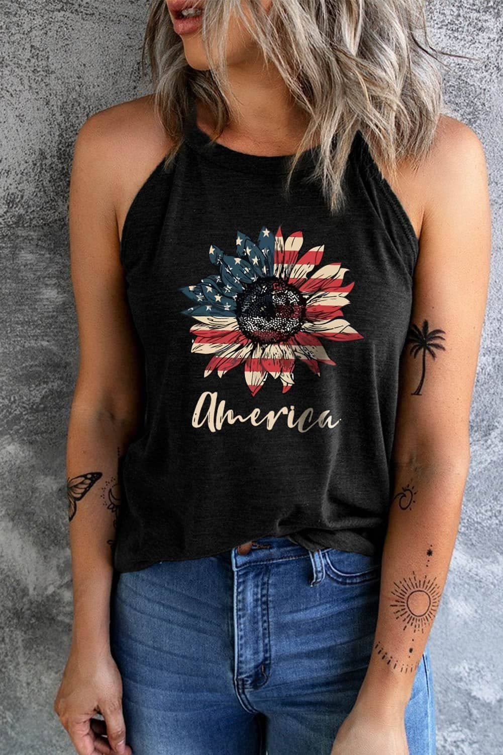 Black America Stars And Stripes Sunflower Tank Top