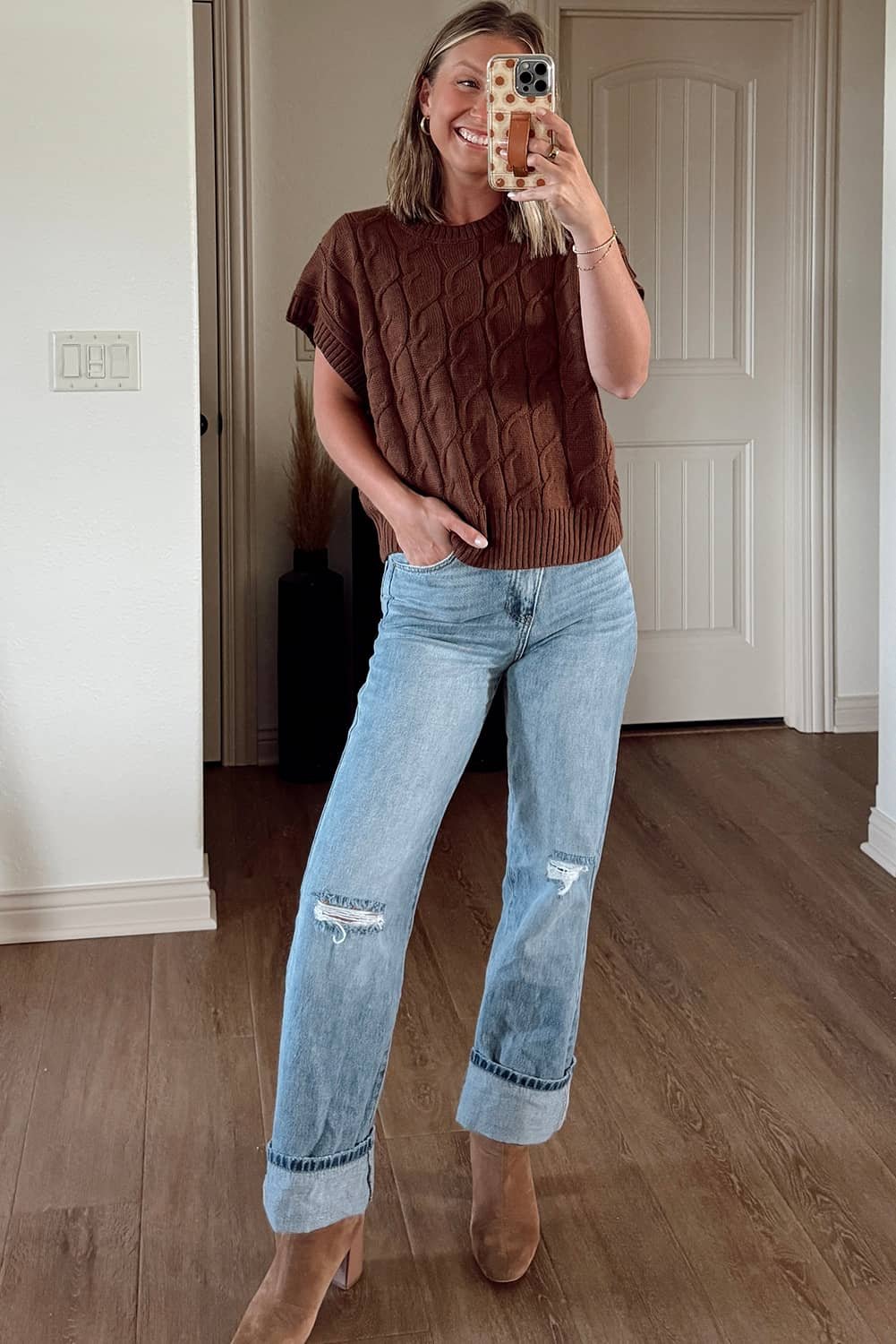 Dark Brown Cable Texture Crew Neck Short Sleeve Sweater Top