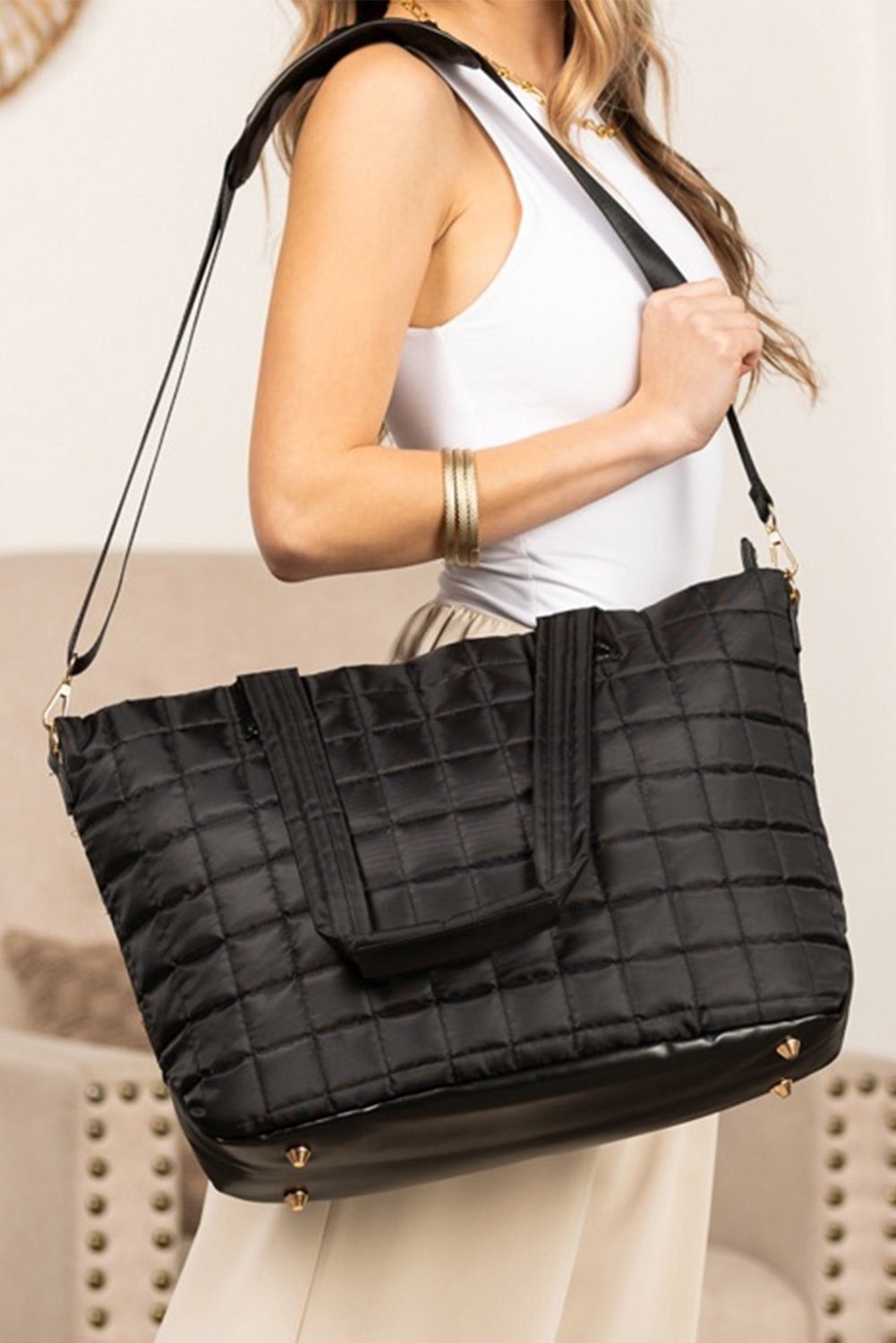 Black Quilted Patchwork Large Tote Bag And Clutch 2Pcs Set