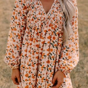 Beige Floral Deep V Neck Smocked Bust Bubble Sleeve Babydoll Dress