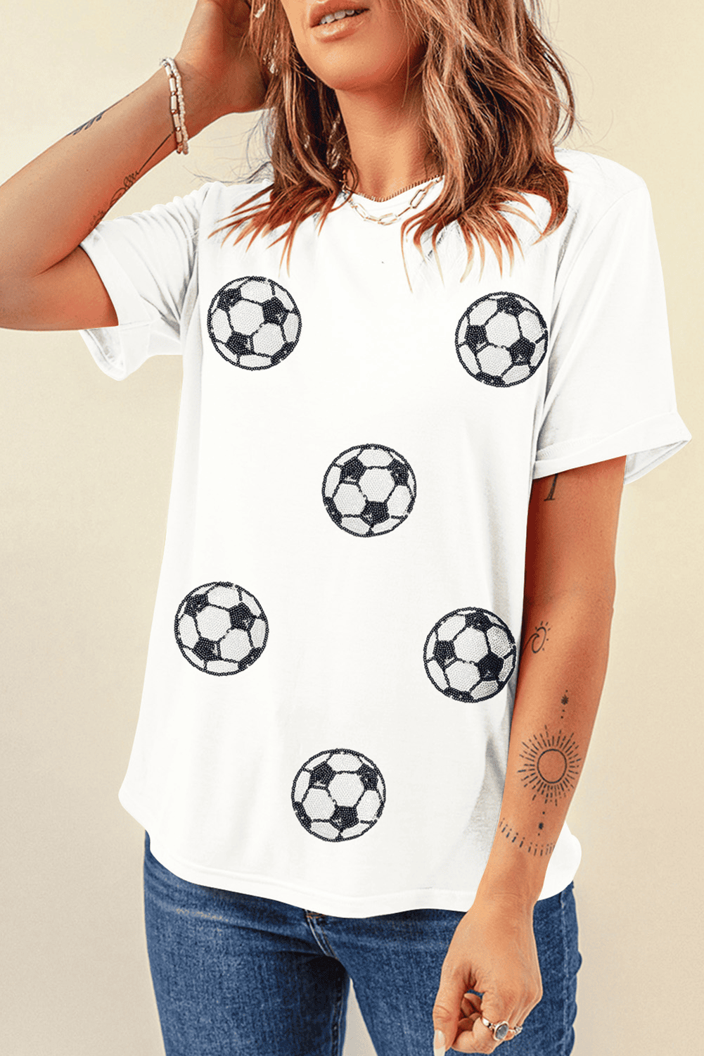 White Sequin Football Patched Graphic Game Day T Shirt