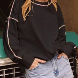 Black Contrast Rainbow Trim Drop Shoulder Pullover Sweatshirt