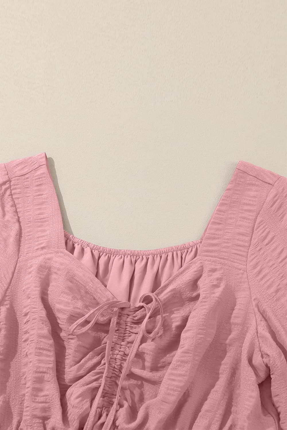 Pink Lace-Up Ruched Front Long Sleeve Ruffle Hem Plus Size Midi Dress