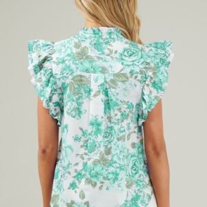 Green Floral Print Ruffle Sleeve Frilly Button Up Shirt