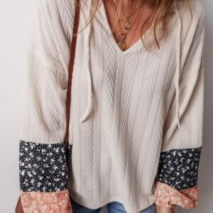 Beige Floral Patchwork Textured Knit Drawstring V Neck Blouse