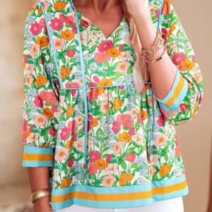 Green Floral Print Striped Trim Tie Neck Puff Sleeve Babydoll Blouse